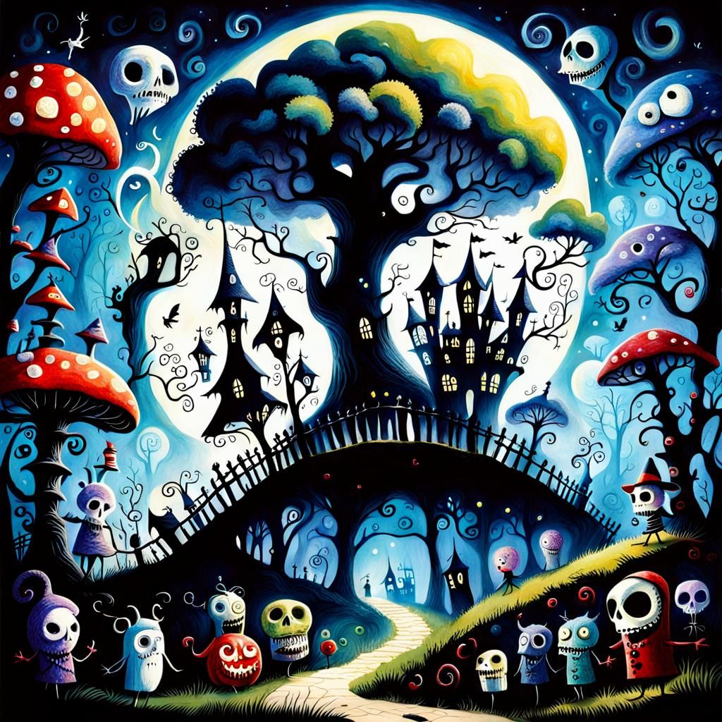 Whimsical nightmare dreamscape Tim Burton
