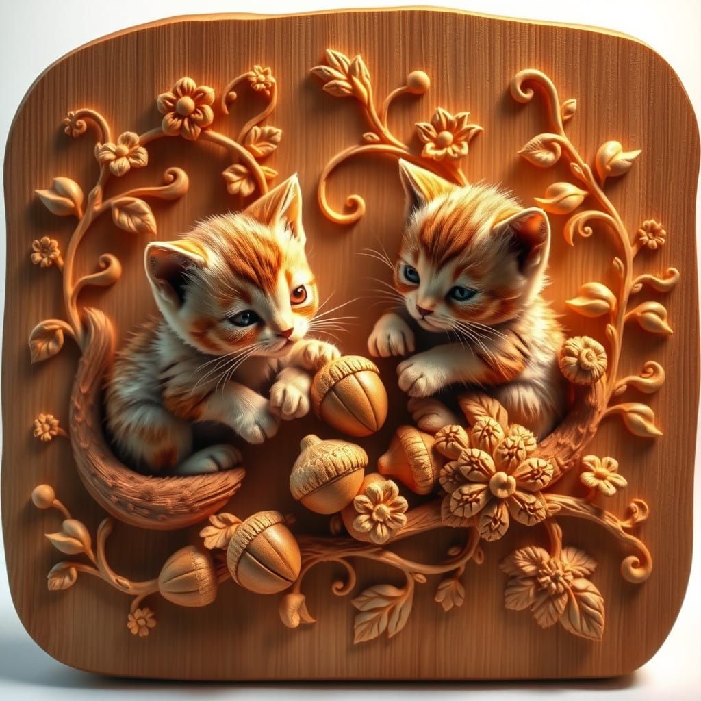 Intricately Carved Wooden Sculpture of Playful Kittens