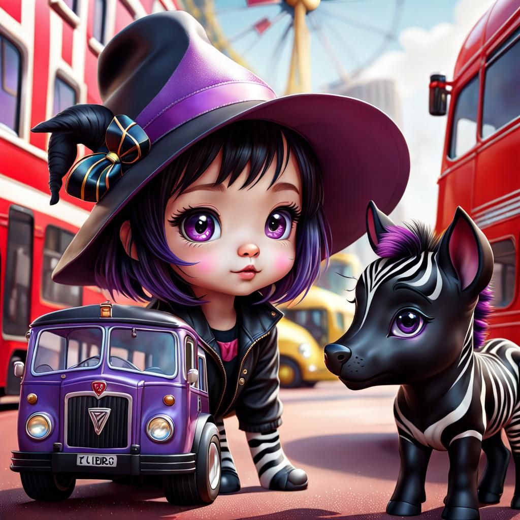 Chibi Witch and Zebra Foal: Hyperrealistic Concept Art