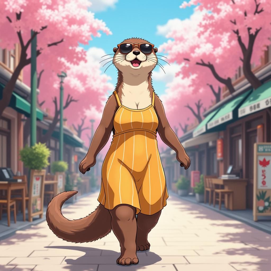 Anime Otter Woman in City with Manga Effects