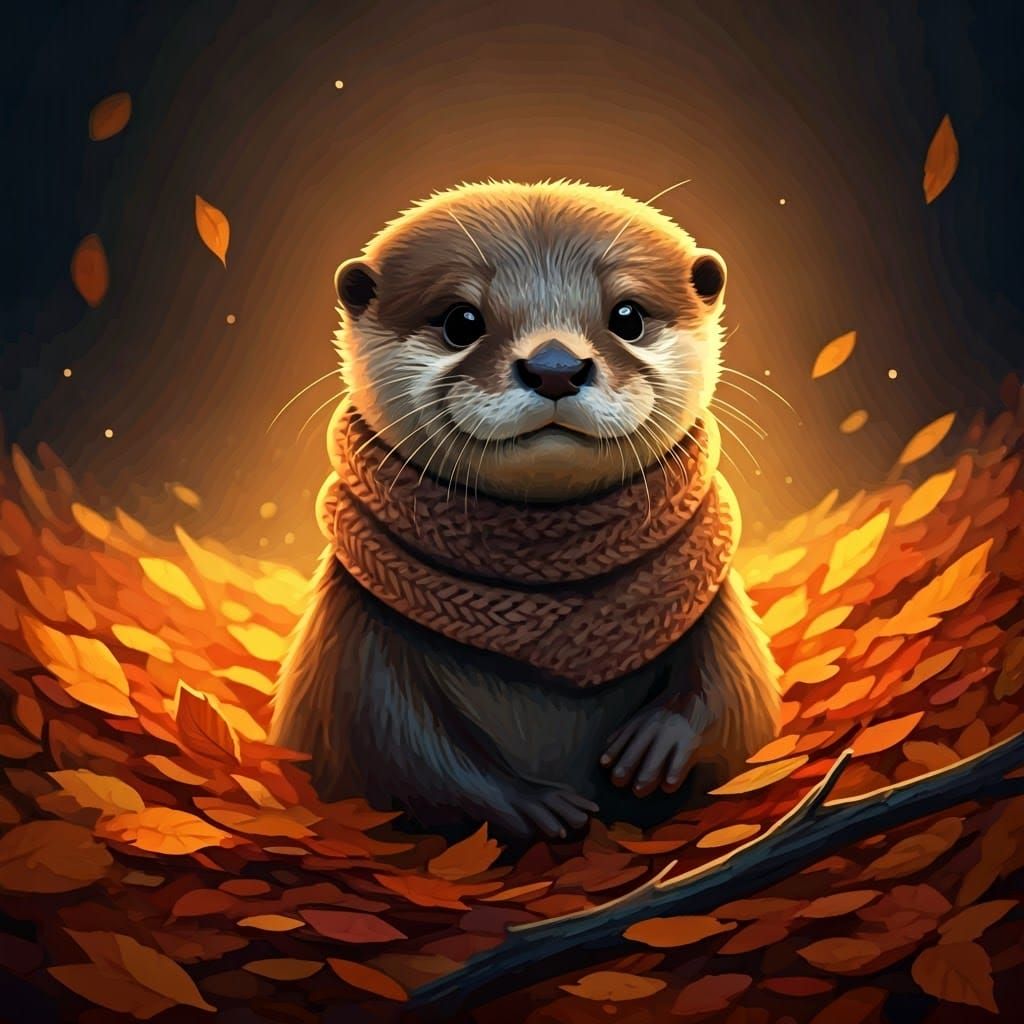 Playful Otter in Autumn Leaves, Illustration