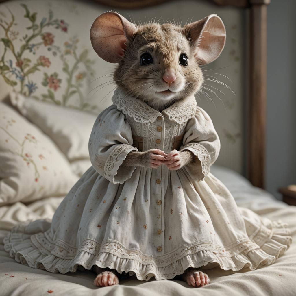 Mouse Child Portrait in Bedroom, Hyperrealistic Style