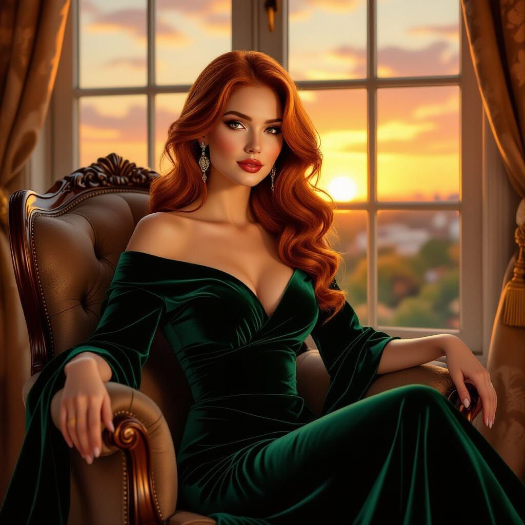 Elegant Woman in Velvet Dress by Golden Hour Window