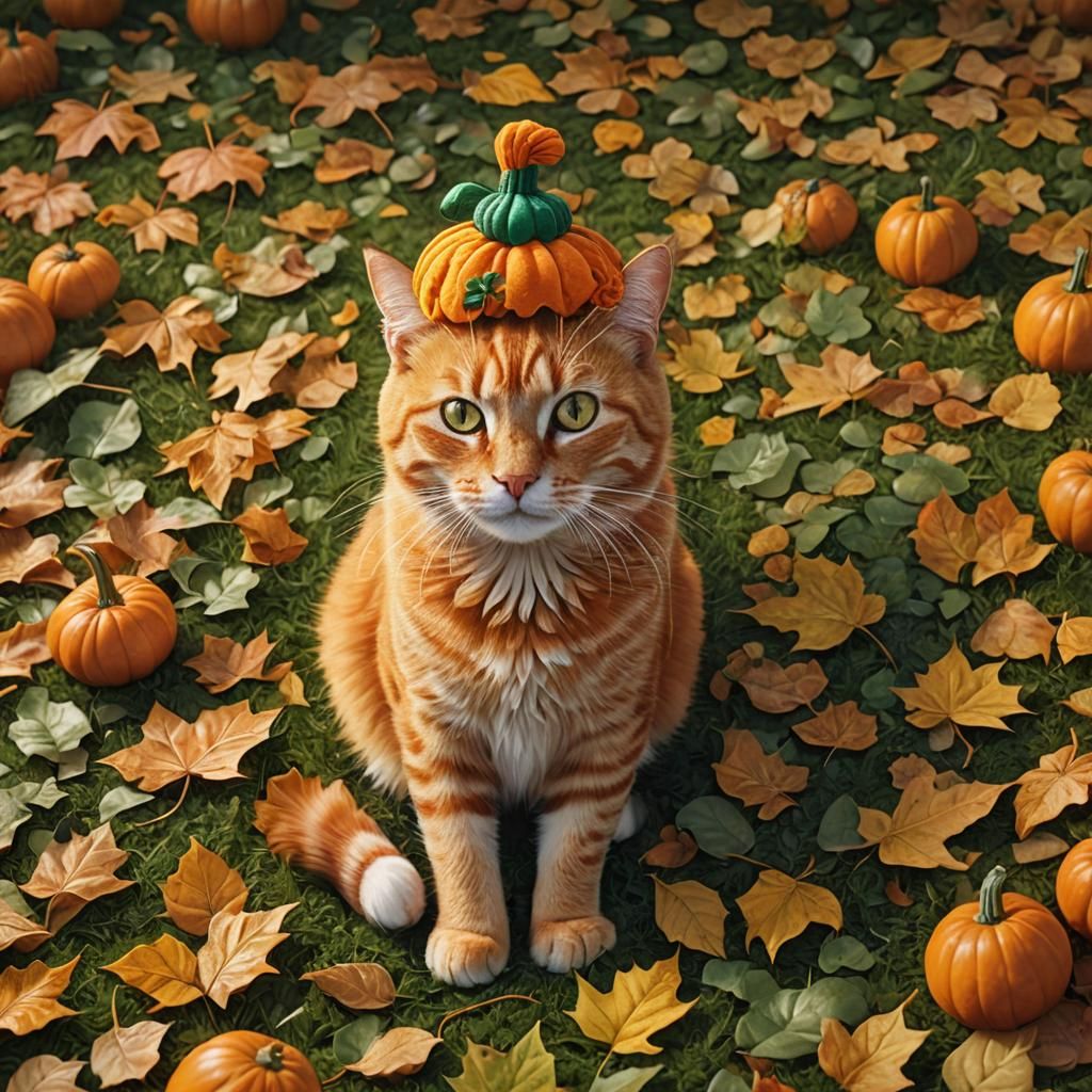 Orange Tabby Cat in Pumpkin Hat: Digital Painting
