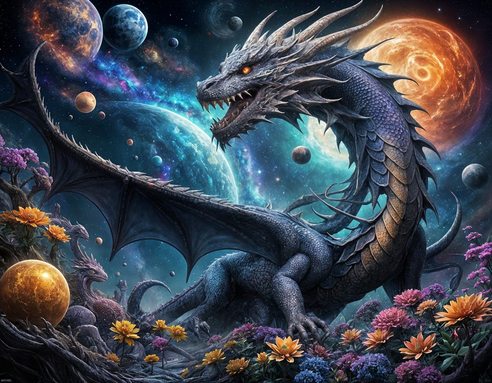 Ethereal Cosmic Dragon soars through Swirling Galaxy