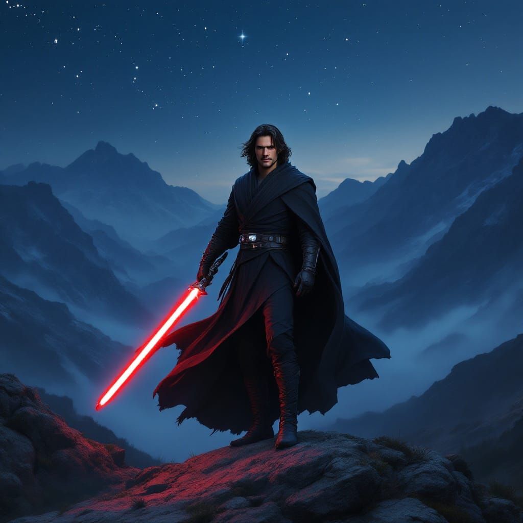 Dark Jedi Stands Vigilant Under Indigo Night Sky