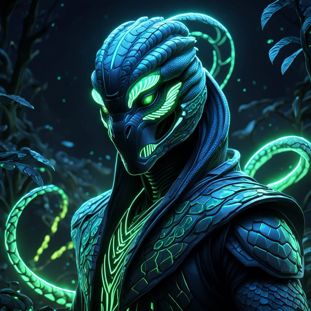 Glowing Cobra Emerges from Iridescent Jungle in Neon Biolumi...