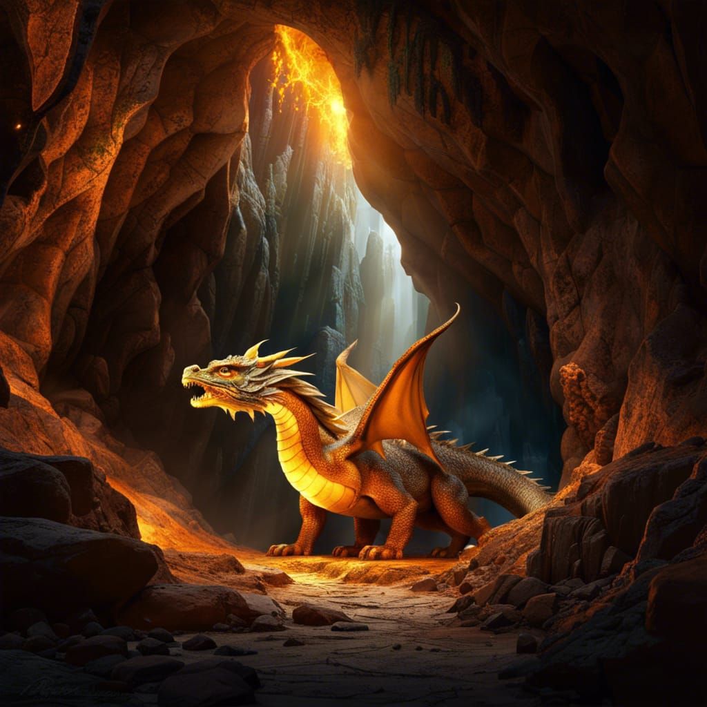 Amber Dragon Shockwave in Dark Cave, Cel-Shaded Art