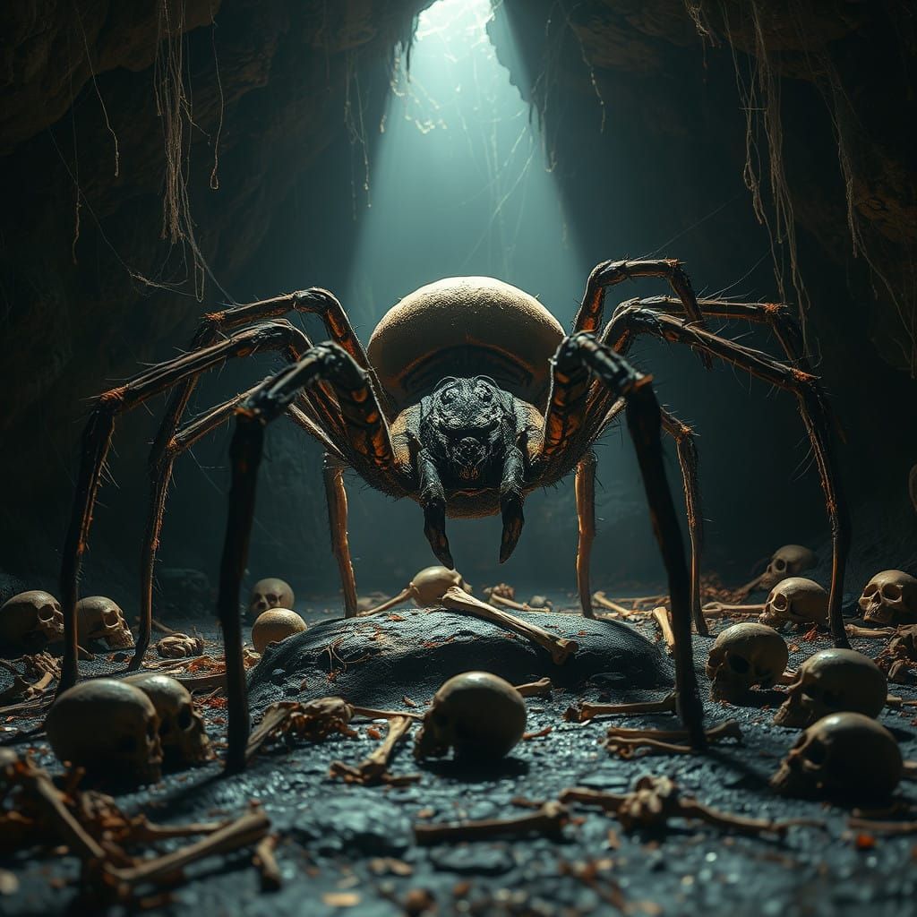 Gothic Spider Amidst Human Skeletons in a Damp Dark Cave