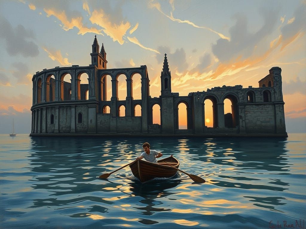 Surreal Oil Painting of Ruined Cathedral at Sunset