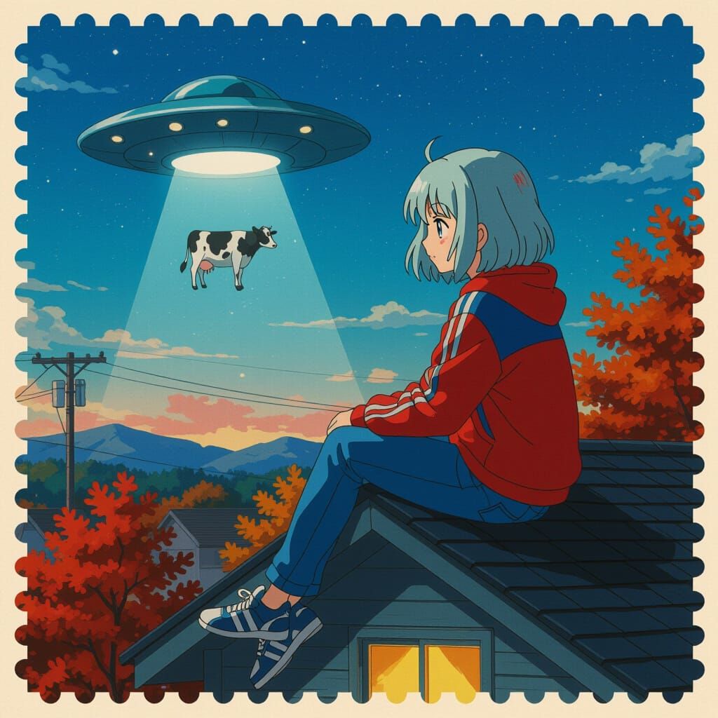 Anime Girl Watches UFO Abduct Cow on Autumn Night