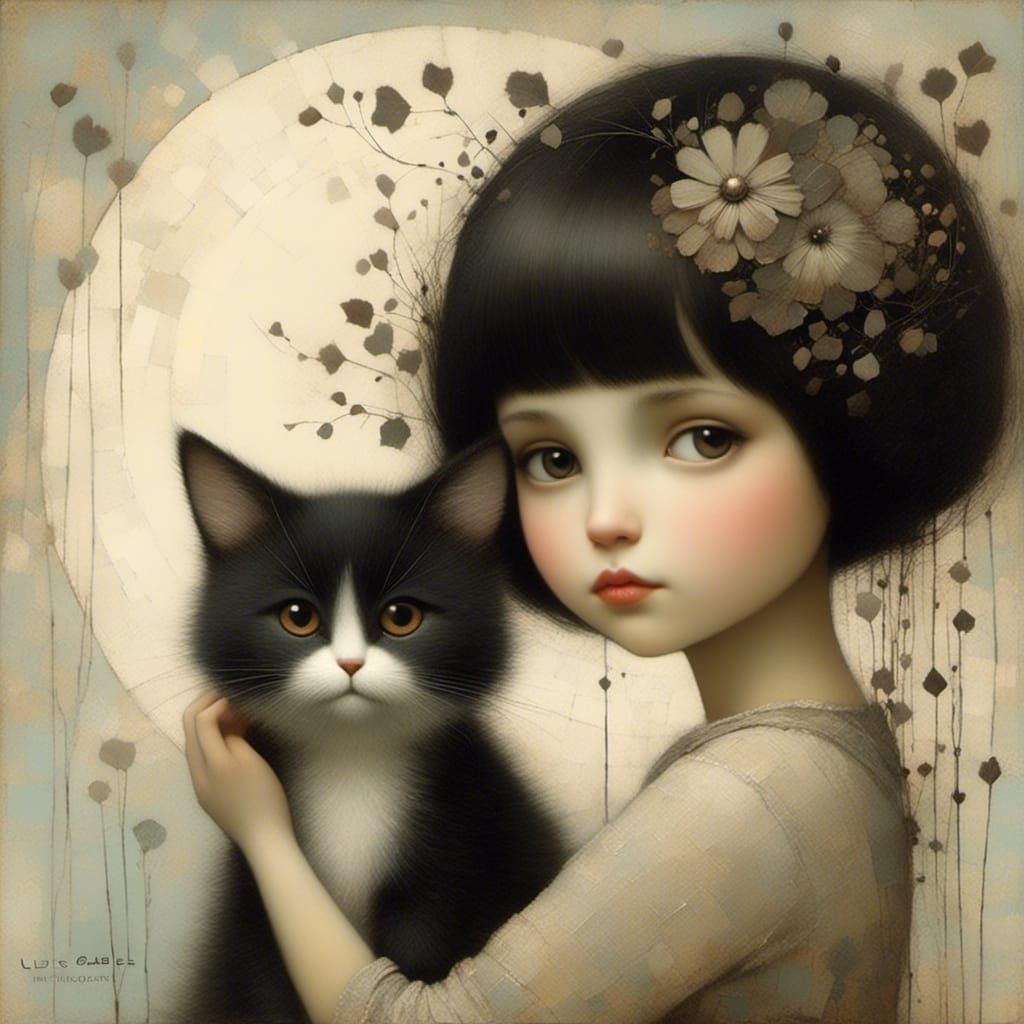 Whimsical Portrait of Woman with Black Hair