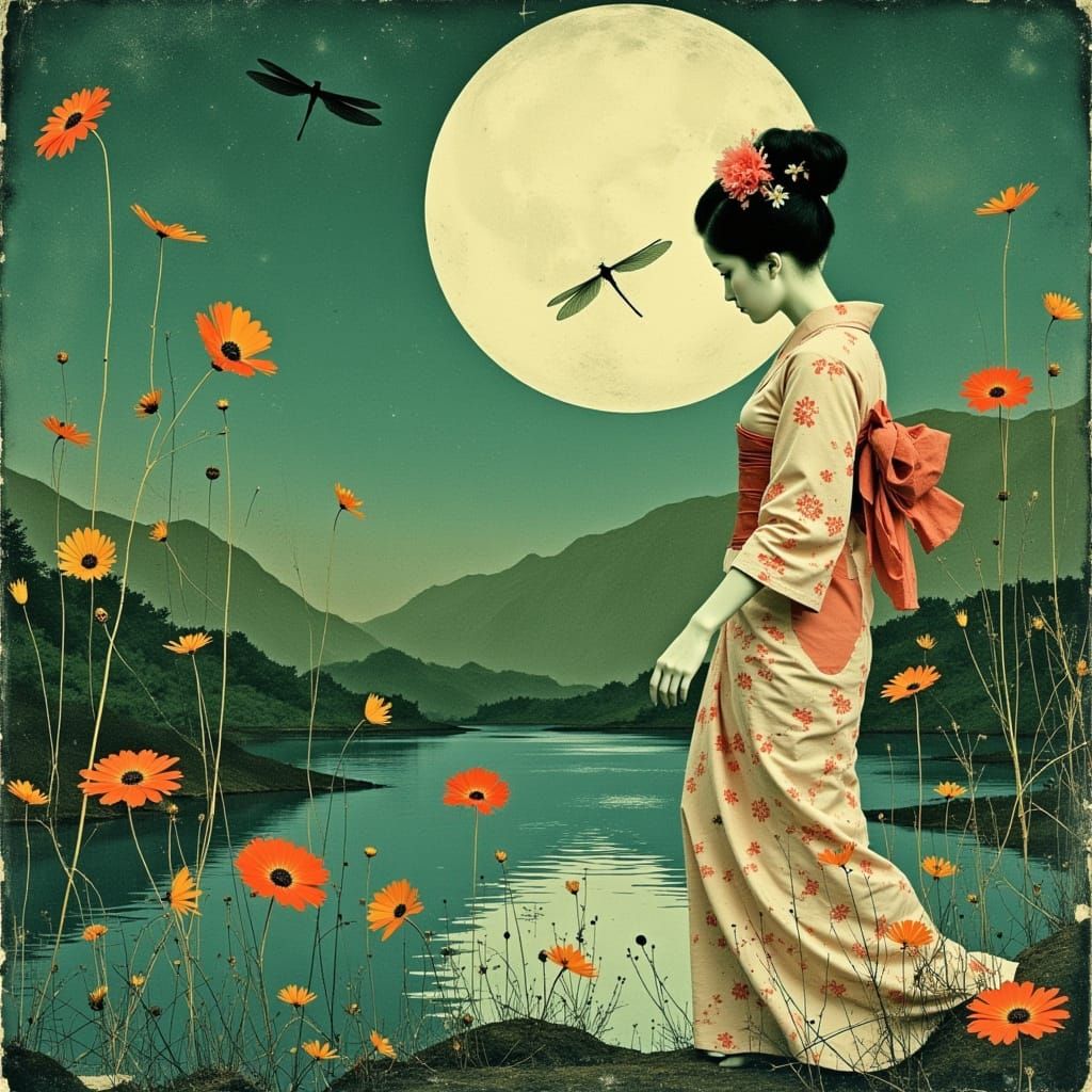 Moonlit Geisha Amidst Wildflowers in Shabby Chic Delight
