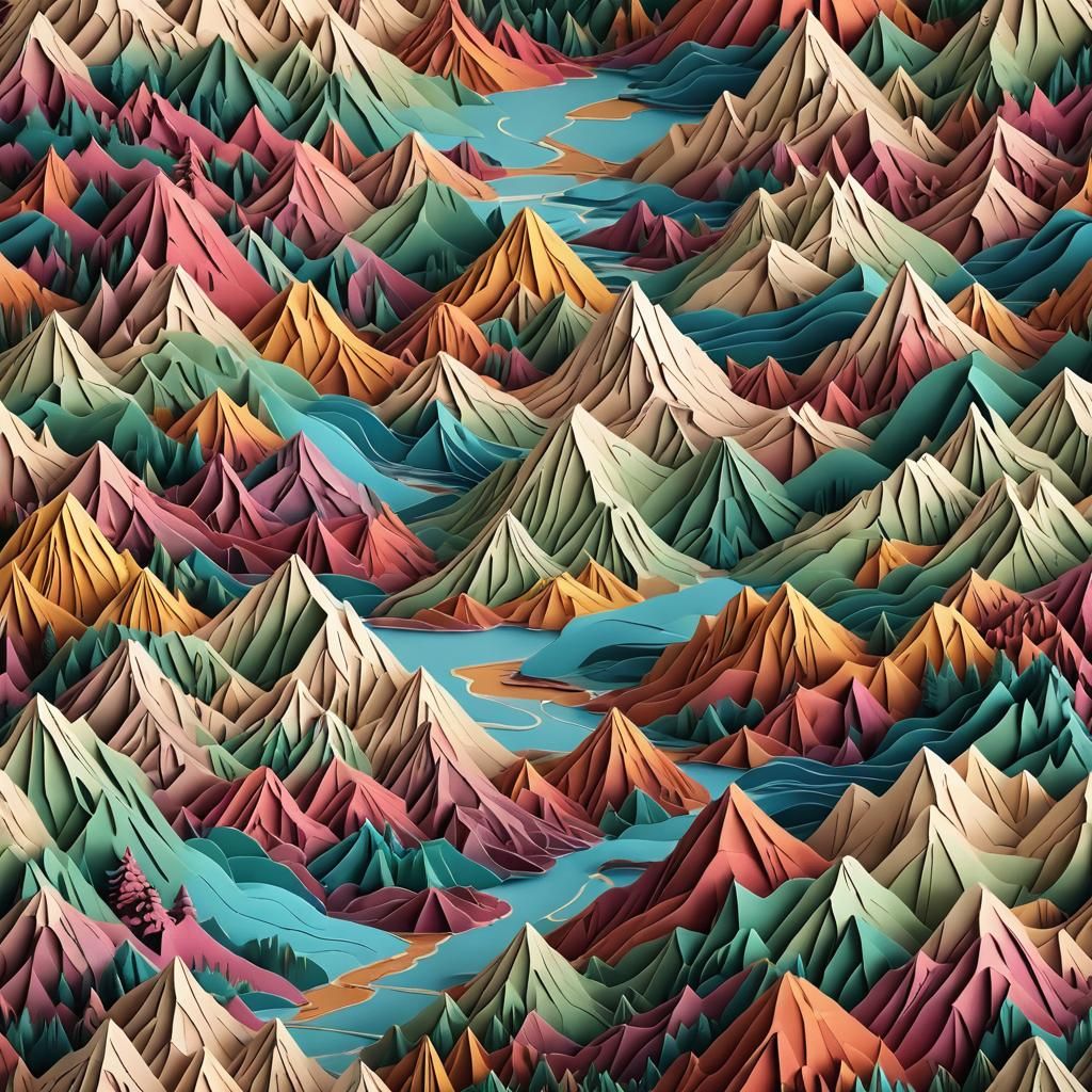 Kirigami Paper Art Mountains and River Landscape