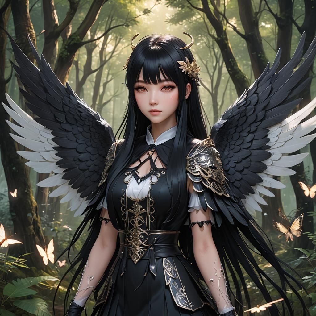 Anime Girl with Angel Wings in Forest