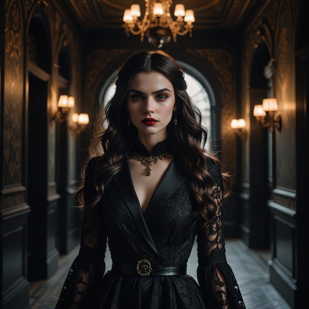 Elegant Female Vampire in Luxury Hallway