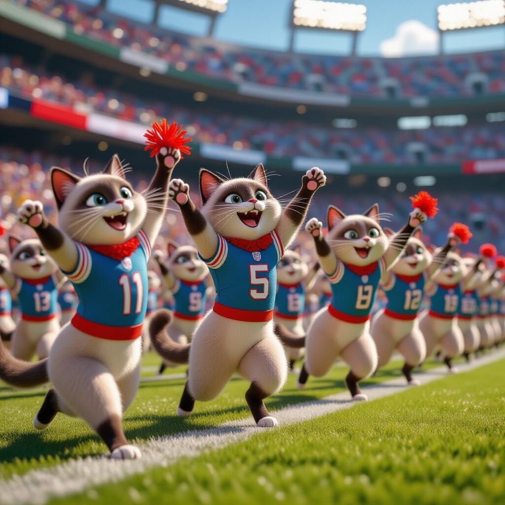 Siamese Cats Cheerleading at Football Game in Vintage Animat...