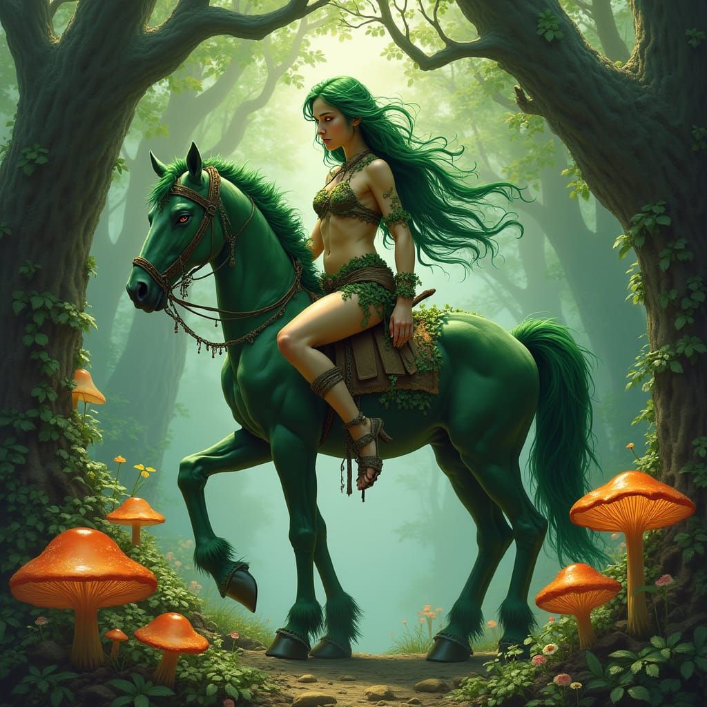 Regal Green-Haired Centaur in Vibrant Forest Realm