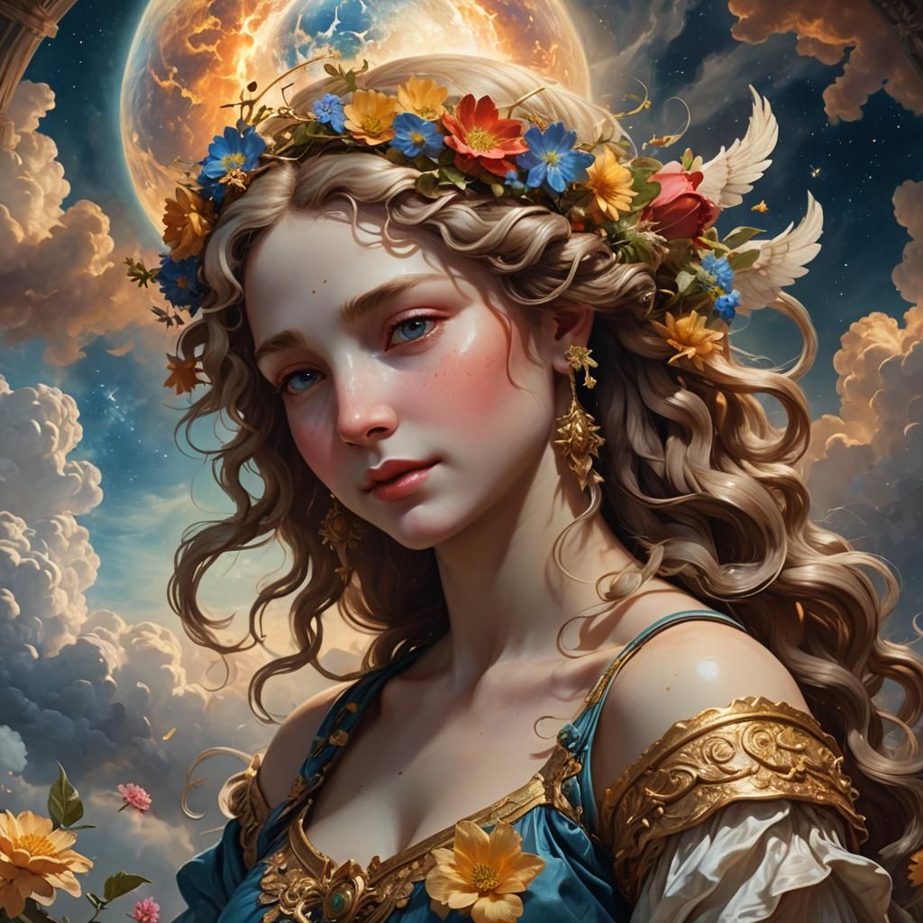 Venus with flowers in her hair, painted in the style of old masters.