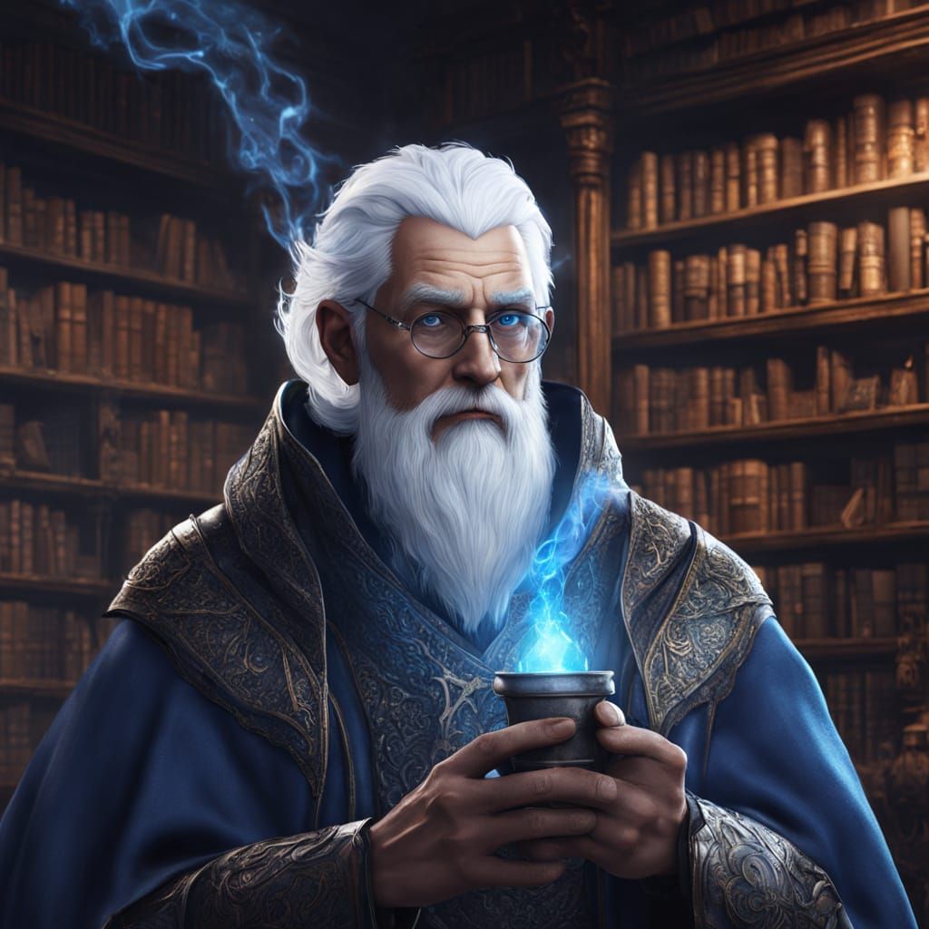 Drunk Wizard with Blue Eyes in Fantasy Library