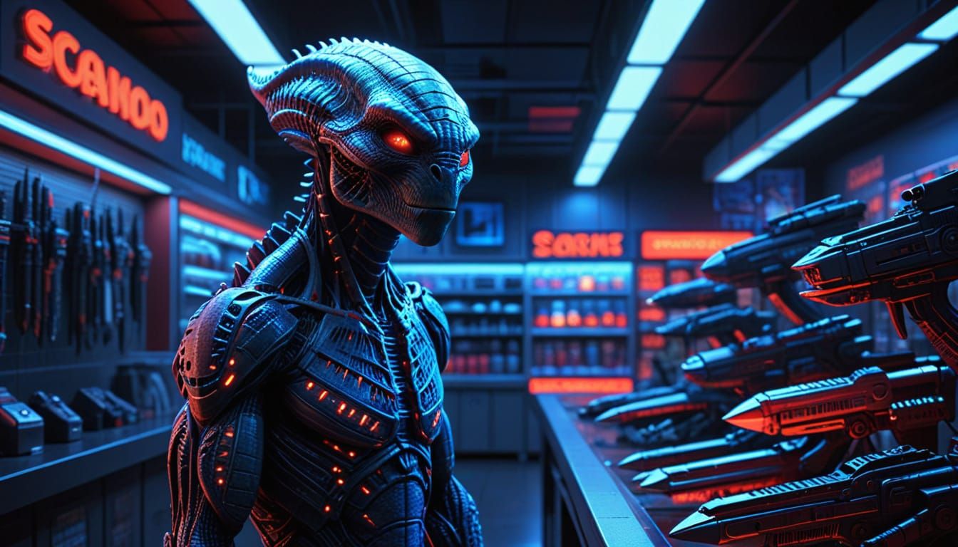 Reptilian Alien Weapon Salesman in 3D Animation Style