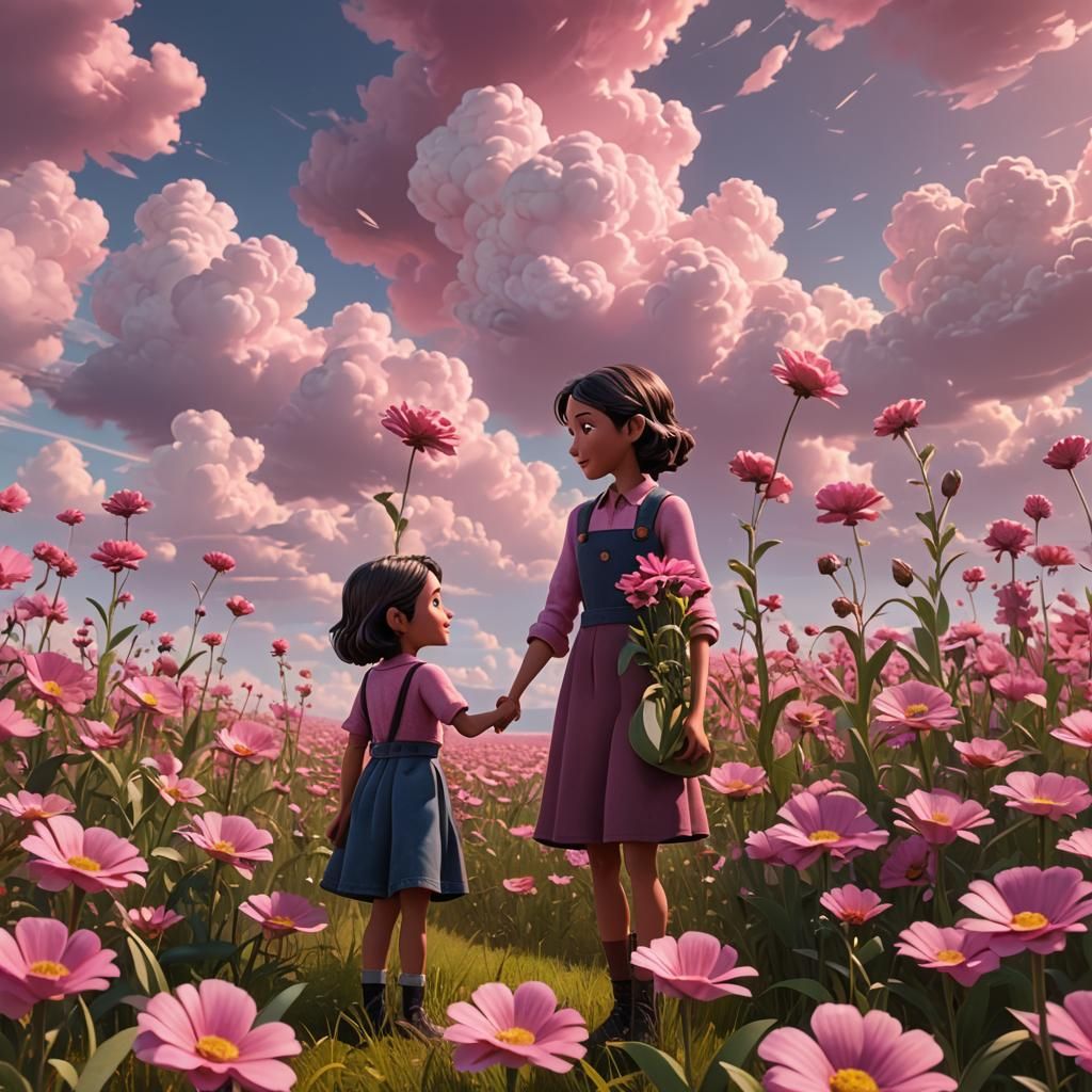 Mother and Daughter in Flower Field: 3D Digital Art