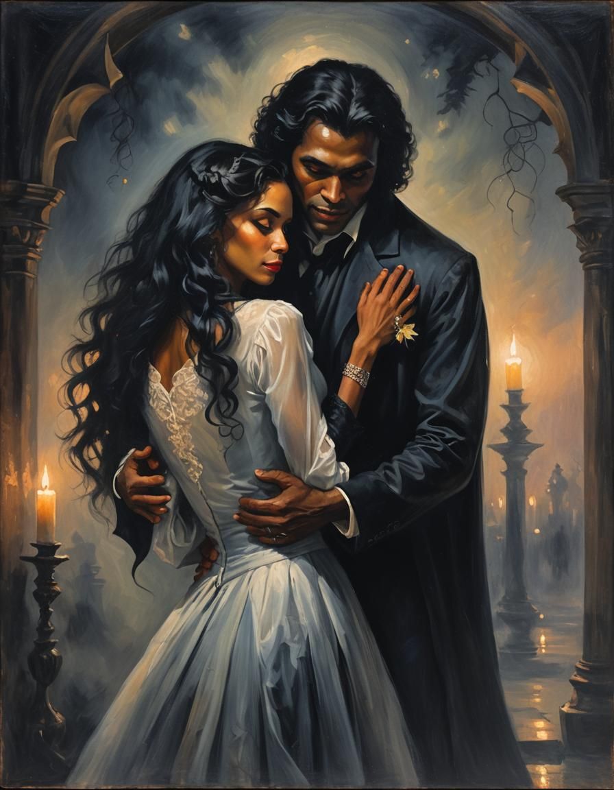 Gothic Romantic Couple Embraced in Moonlit Embrace