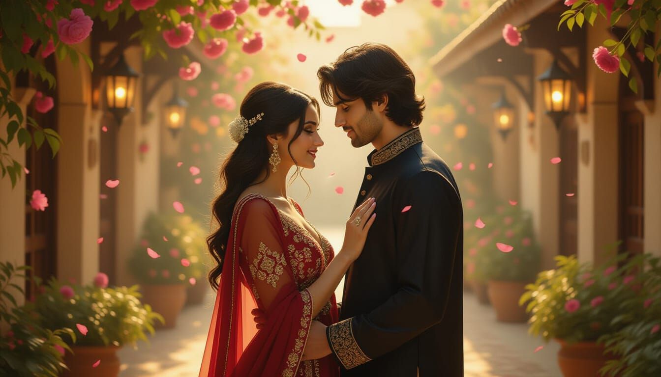 Romantic Couple in Courtyard, Art Nouveau Style