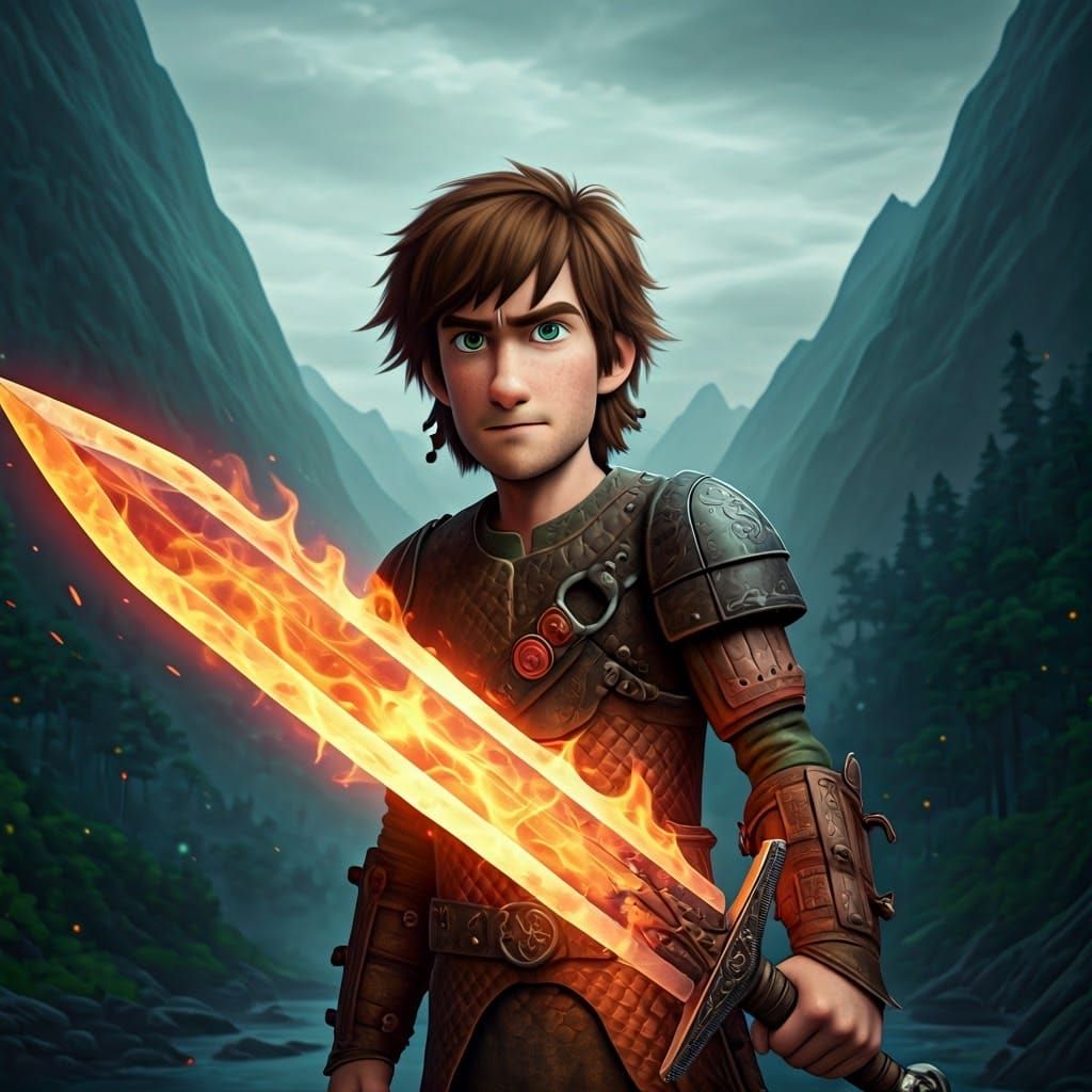 Young Viking Warrior Wields Majestic Fire Blade in Mysteriou...