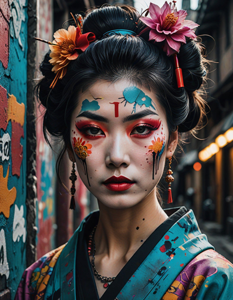 Geisha in Vibrant Urban Pop Art Style