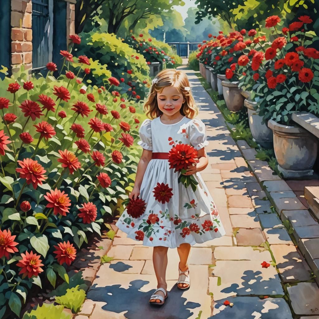 Girl Collecting Dahlias: Gouache Impressionist Masterpiece