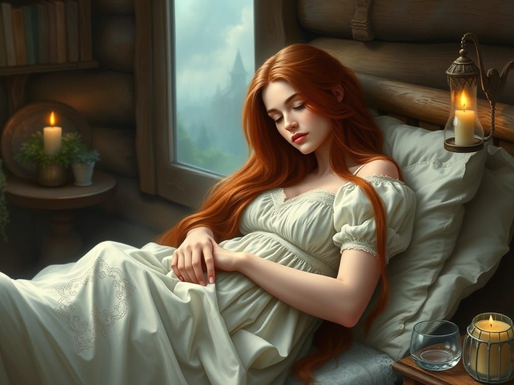 Viking Maiden Slumbers in Ethereal Fantasy Cottage