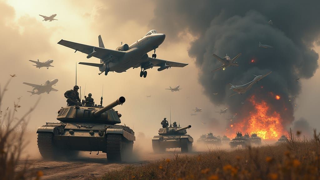 Epic War Zone Battle Scene in Detailed Matte Painting Style