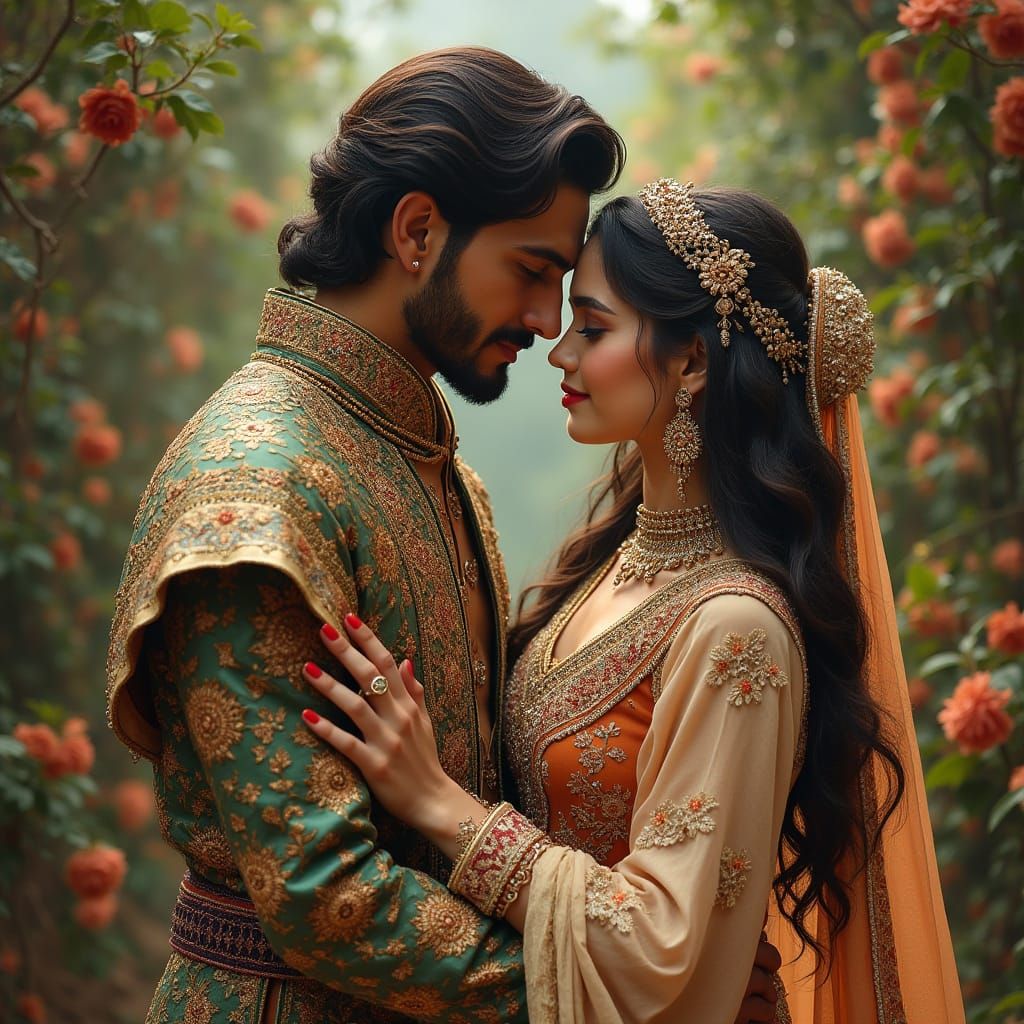 Persian Couple in Garden, Miniature Painting Style