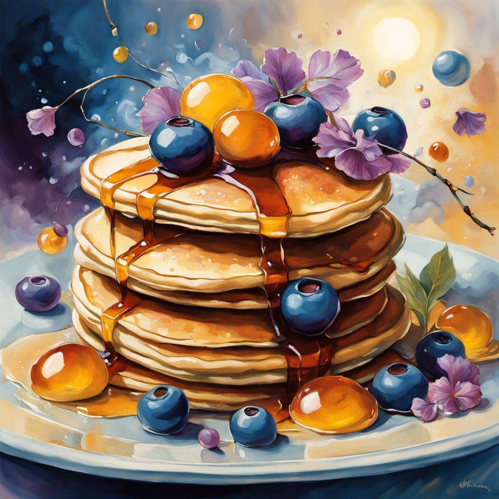 Pancakes with Syrup in Japanese Ink Painting