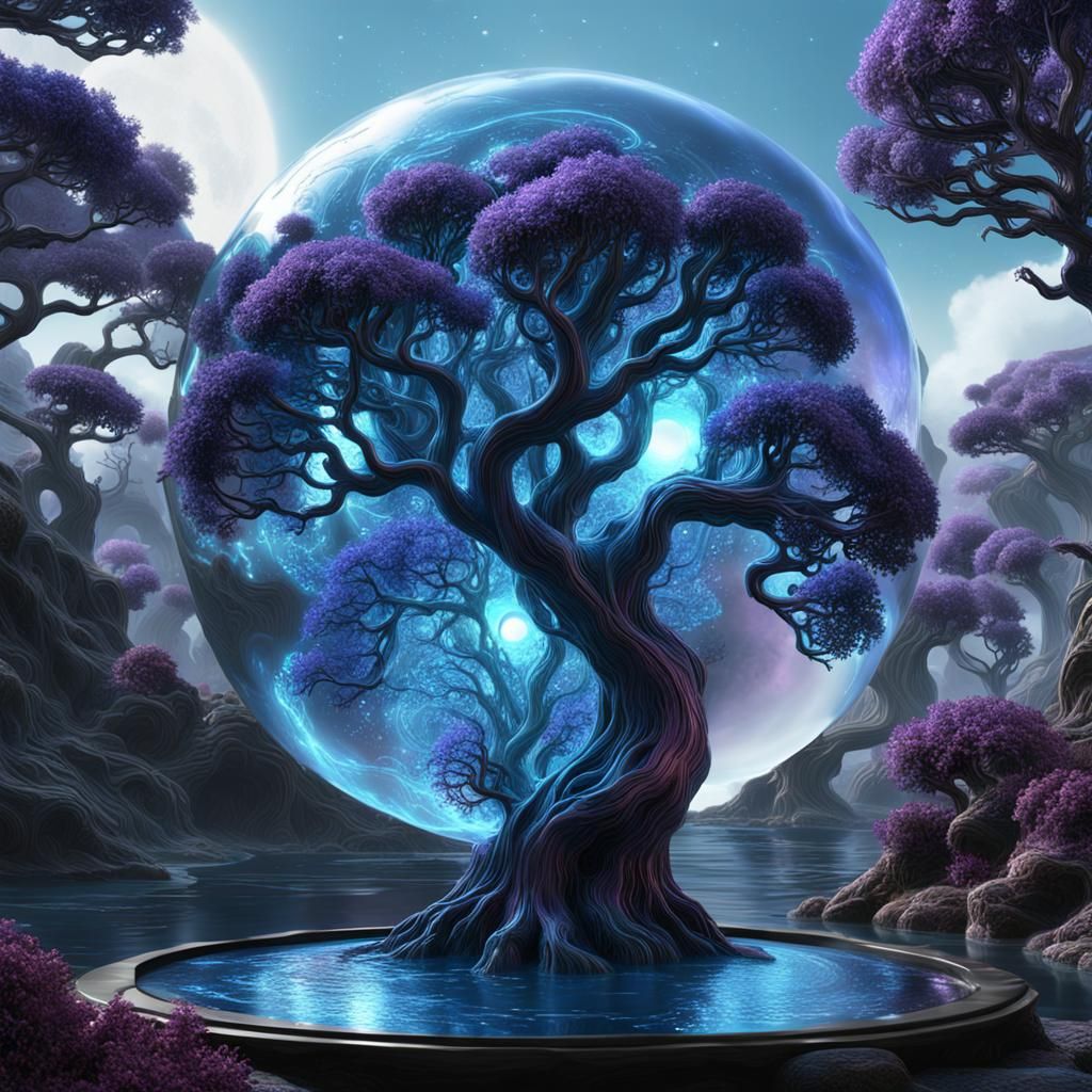 Bioluminescent Tree and Sphere in Fantasy Landscape