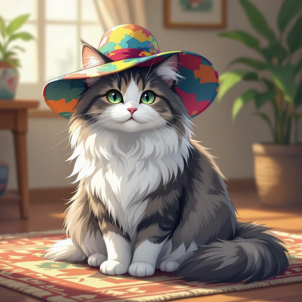 Majestic Cat in Vibrant Hat on Textured Mat