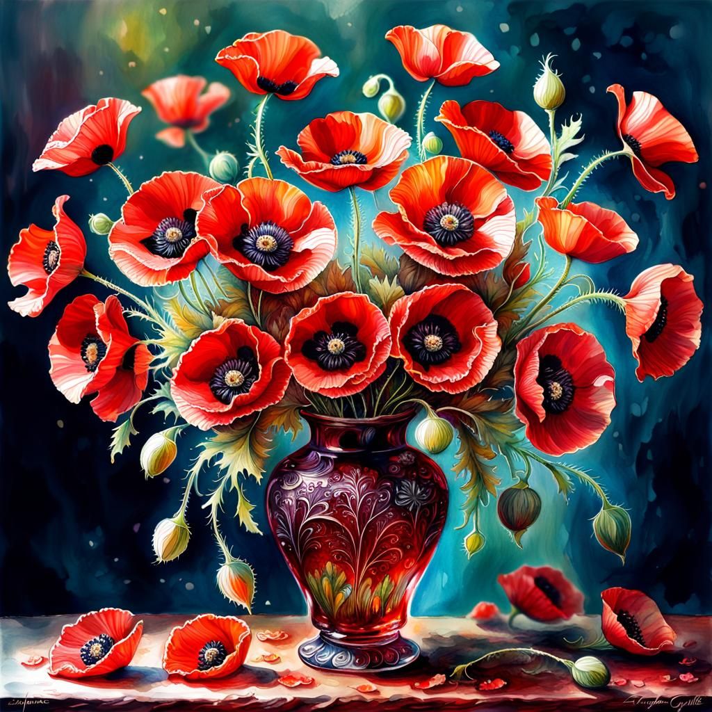 Ornate Red Vase of Poppies: Digital Watercolor