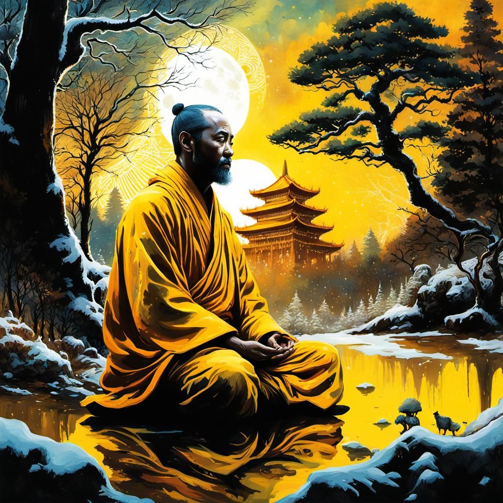 Shaolin Monk Meditating in Winter Landscape Illustration