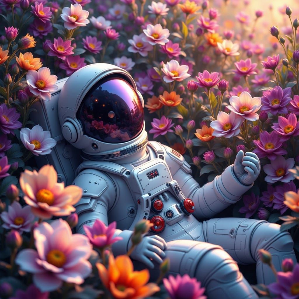 Astronaut in Vibrant Iridescent Garden