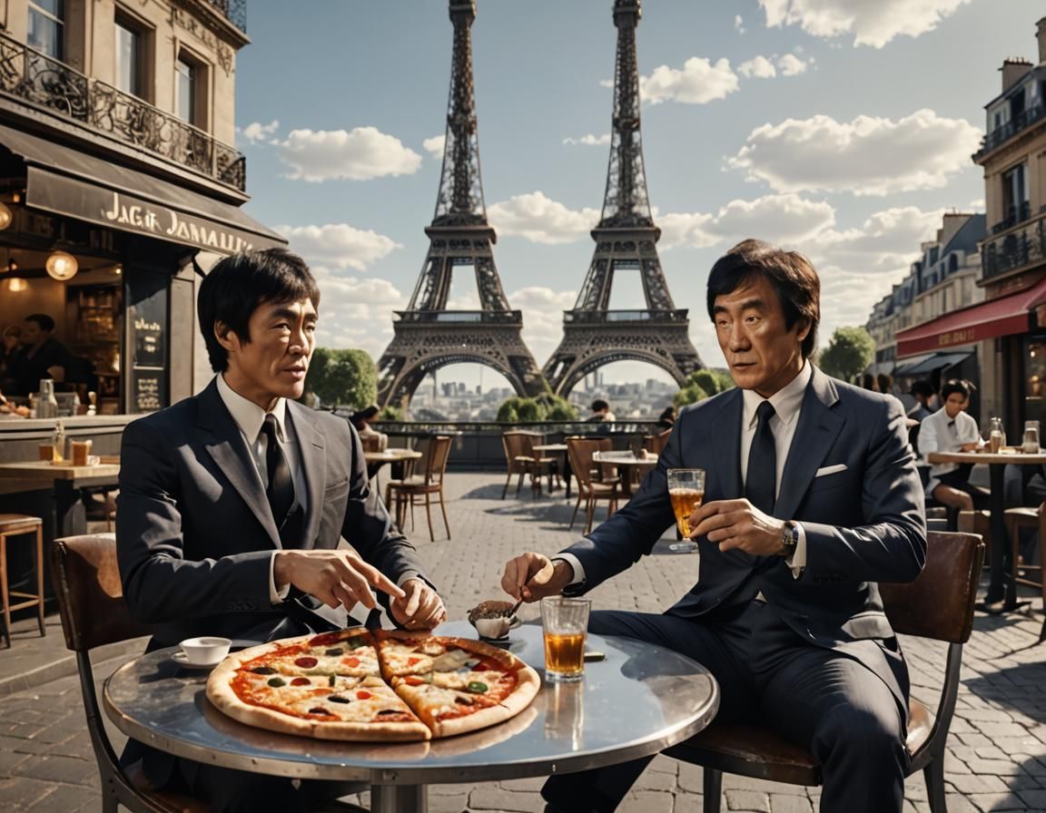 Pizza time in Paris with Bruce Lee and Jackie Chan among others (thanks a.i.)