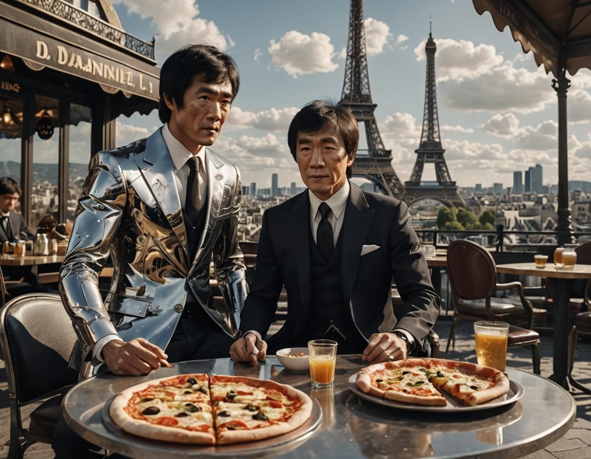 Pizza time in Paris with Bruce Lee and Jackie Chan among others (thanks a.i.)