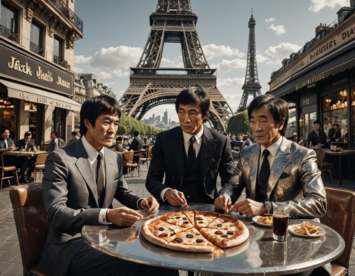 Pizza time in Paris with Bruce Lee and Jackie Chan among others (thanks a.i.)