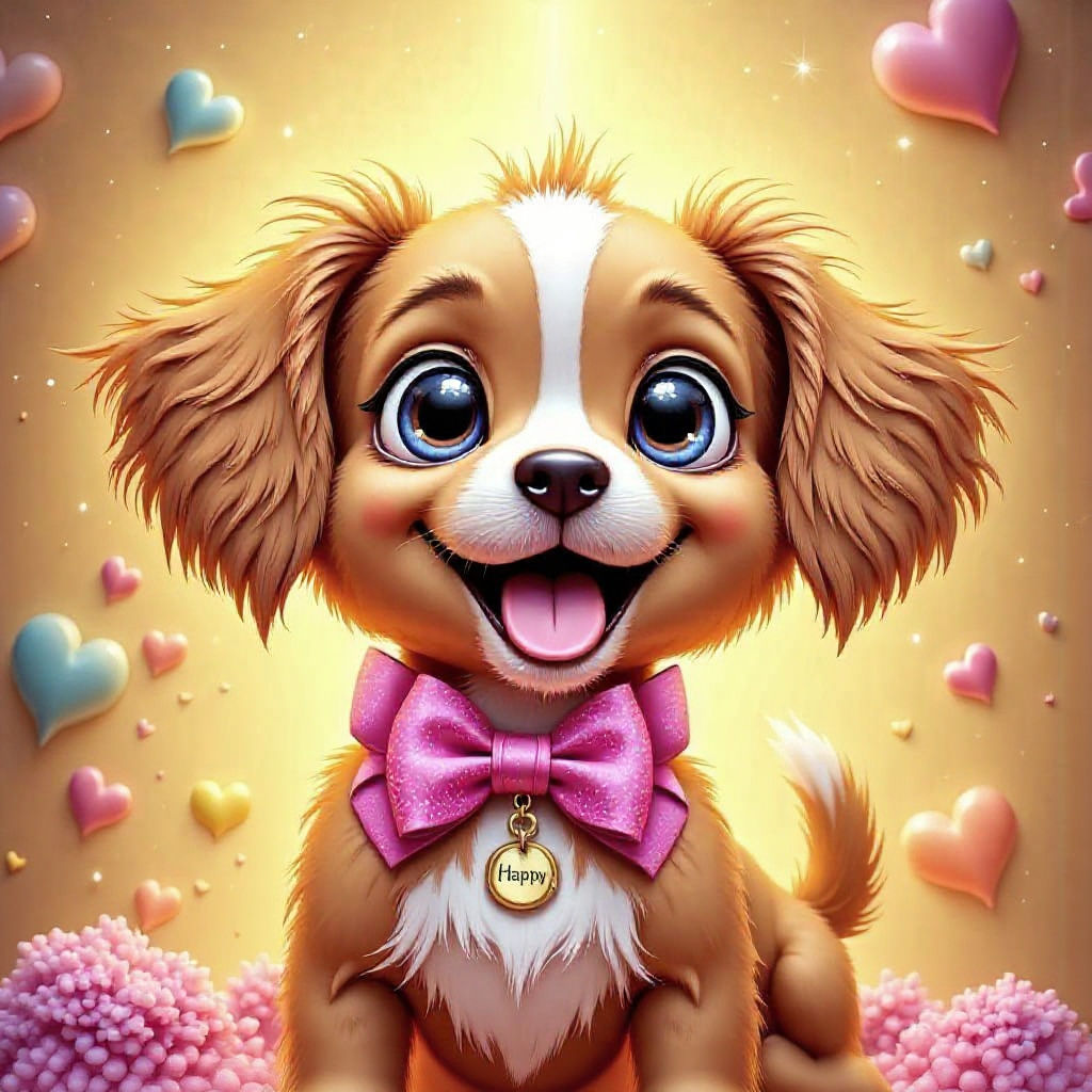 Adorable Puppy with Pink Bow in Whimsical Style