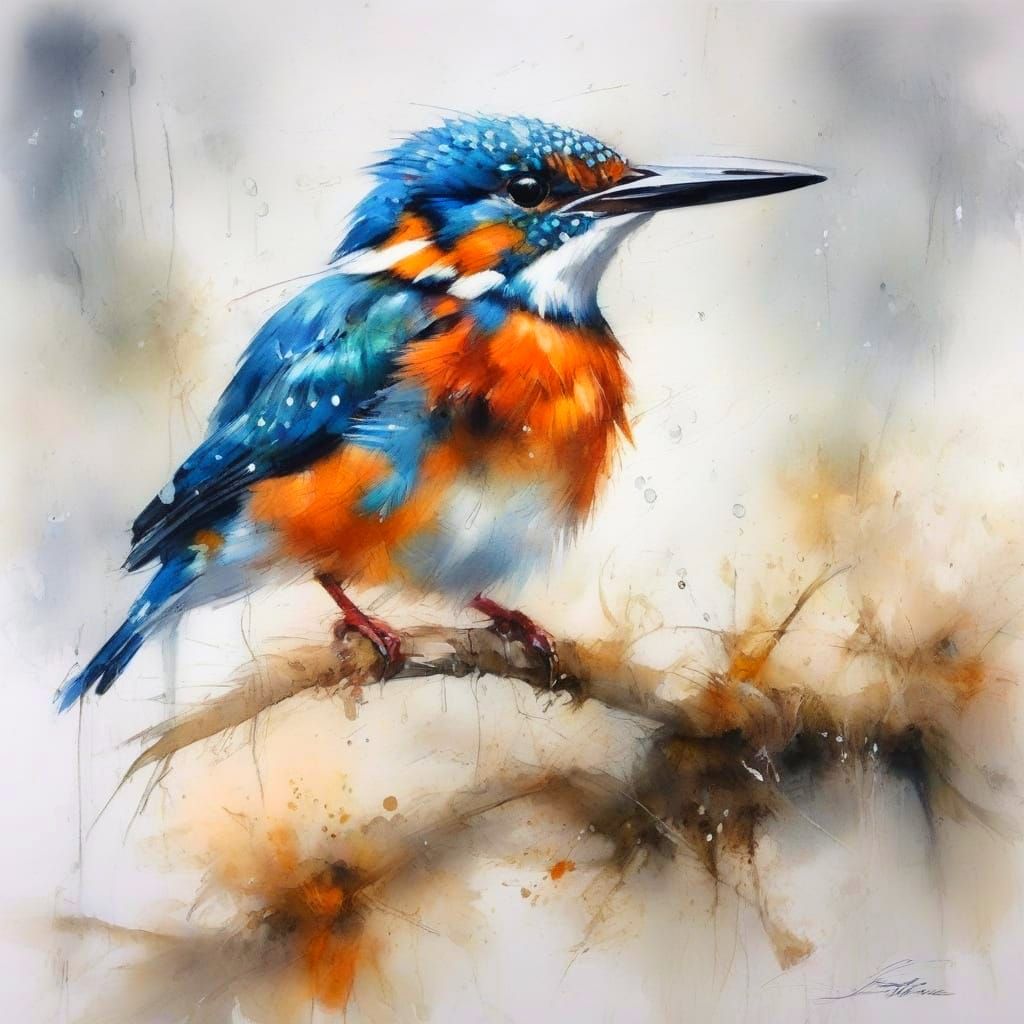 Kingfisher Perched on Branch Over River, Neo-Impressionist S...