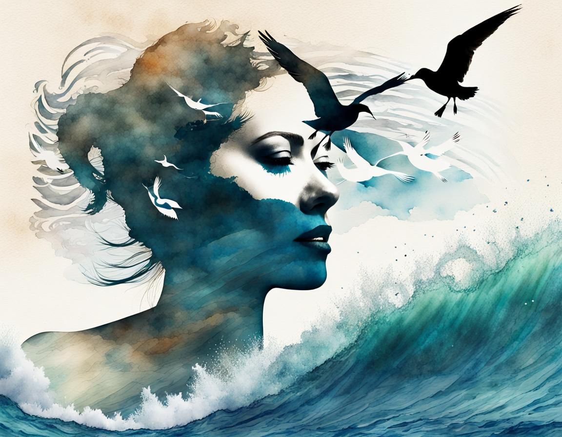 Ocean Wave with Woman and Seagulls in Splash Art