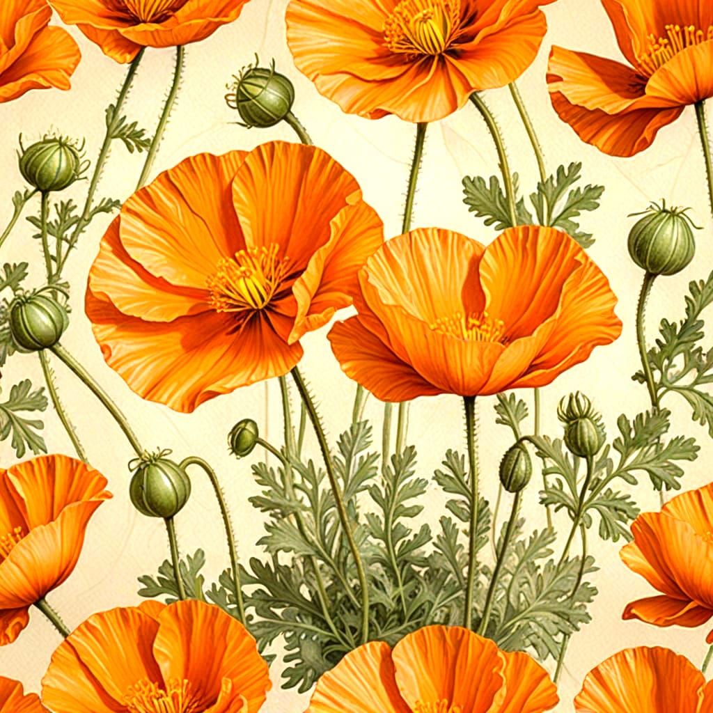 Victorian Botanical Art of Orange Poppies