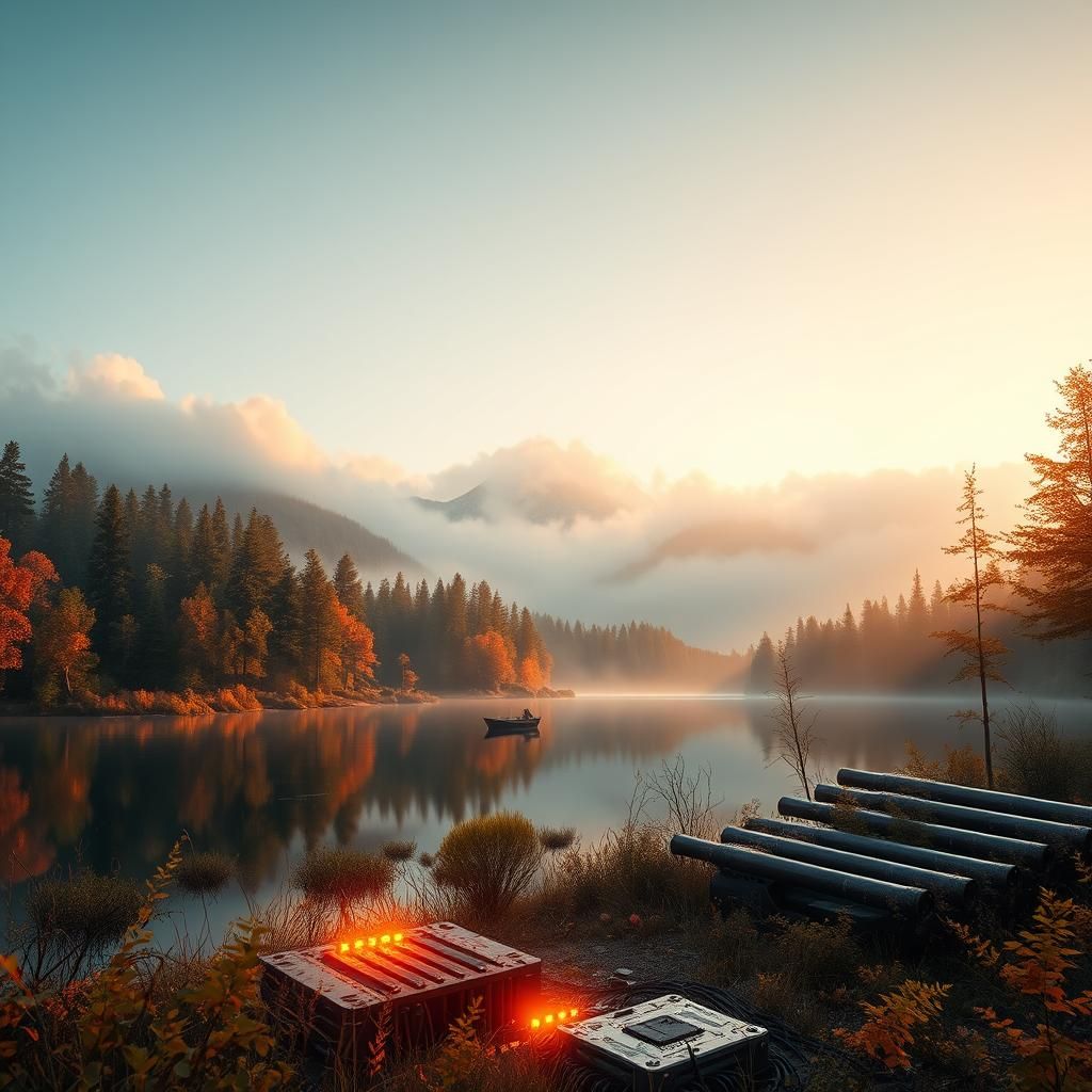 Autumn Lake Landscape with Futuristic Elements