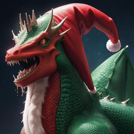 Christmas Dragon in Santa Hat: Hyperrealistic Splash Art