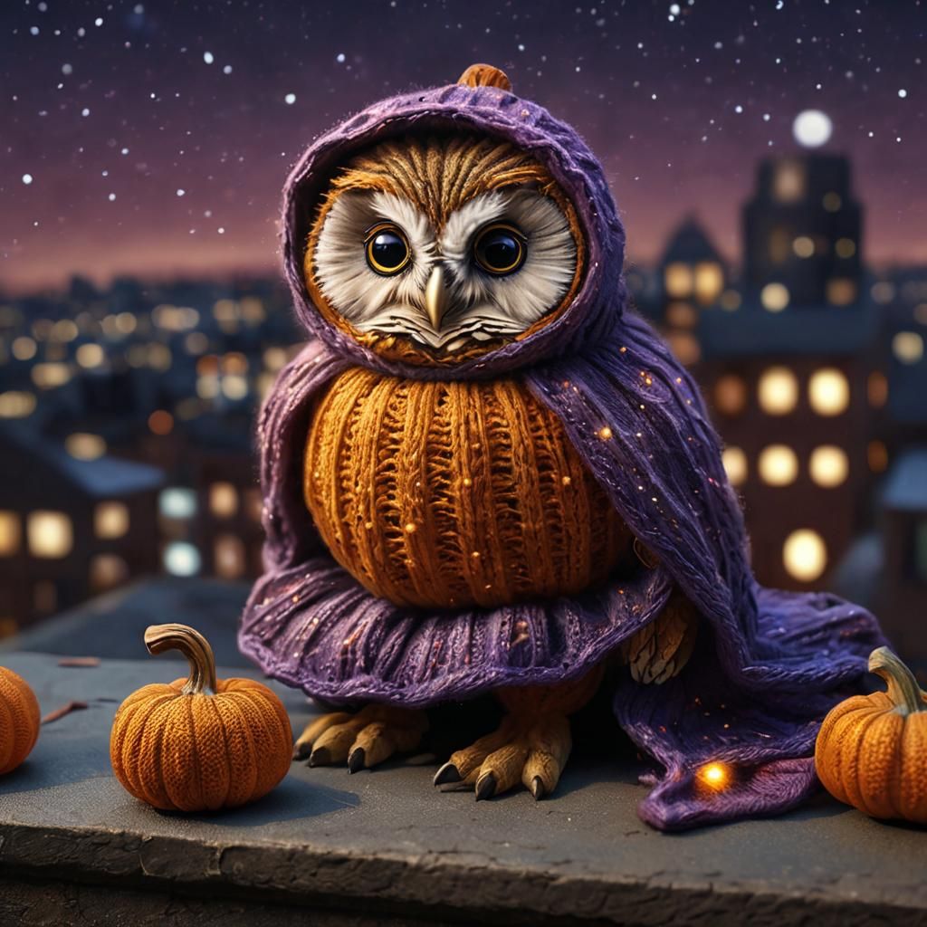 Baby Owl in Pumpkin Costume, Photorealistic Image
